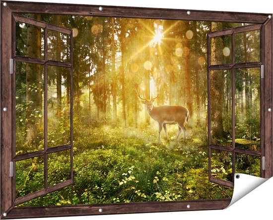 Gards Tuinposter Doorkijk Hert in Bos met Zon - 150x100 cm - Tuindoek - Tuindecoratie - Wanddecoratie buiten - Tuinschilderij