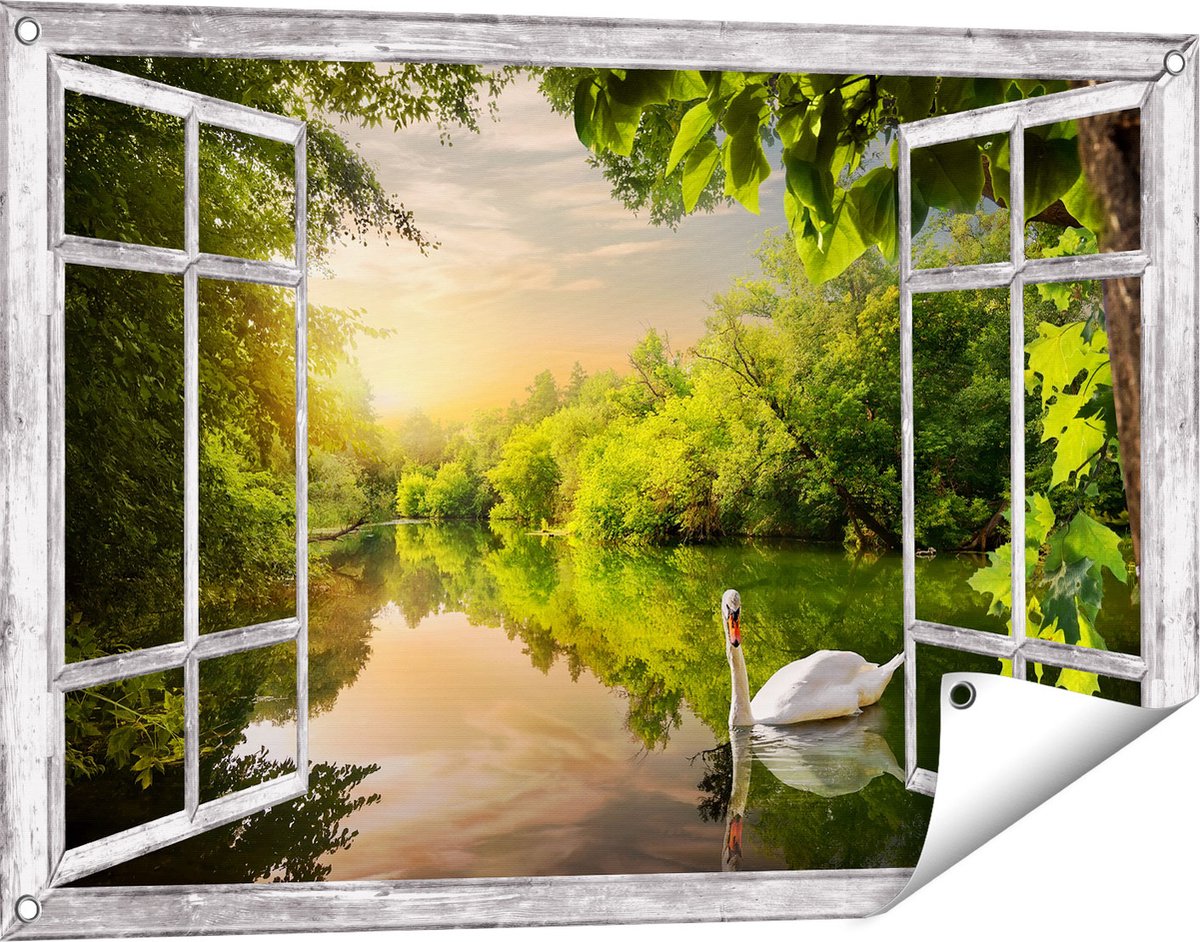 Gards Tuinposter Doorkijk Zwaan op het Water in het Bos - 90x60 cm - Tuindoek - Tuindecoratie - Wanddecoratie buiten - Tuinschilderij grijs