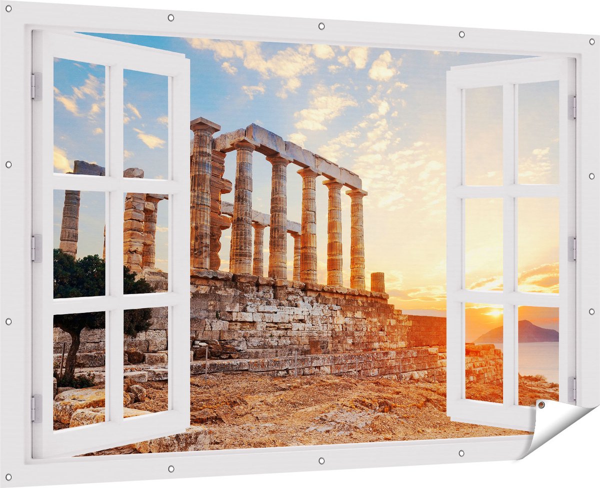 Gards Tuinposter Doorkijk Tempel van Poseidon in Athene, Griekenland - 180x120 cm - Tuindoek - Tuindecoratie - Wanddecoratie buiten - Tuinschilderij Multikleur