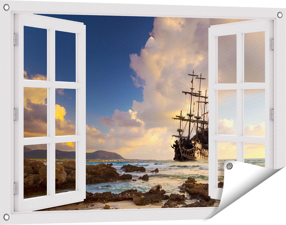 Gards Tuinposter Doorkijk Piratenschip aan de Kust bij Zonsondergang - 90x60 cm - Tuindoek - Tuindecoratie - Wanddecoratie buiten - Tuinschilderij wit