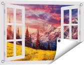 Gards Tuinposter Doorkijk Alpen Landschap met een Kleurrijke Hemel - 60x40 cm - Tuindoek - Tuindecoratie - Wanddecoratie buiten - Tuinschilderij