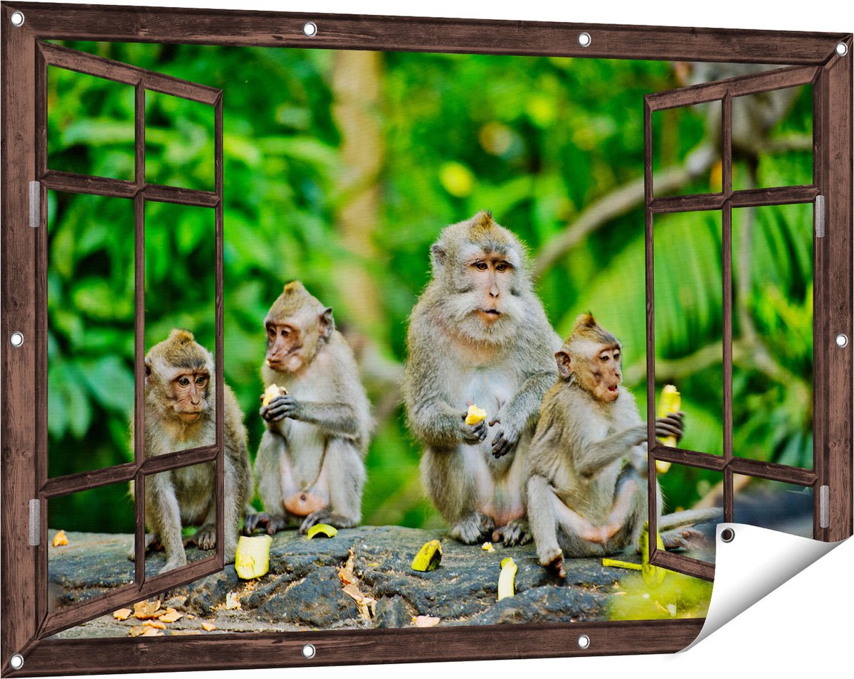 Gards Tuinposter Doorkijk Groep Apen Eten Bananen in het Bos - 120x80 cm - Tuindoek - Tuindecoratie - Wanddecoratie buiten - Tuinschilderij donker bruin