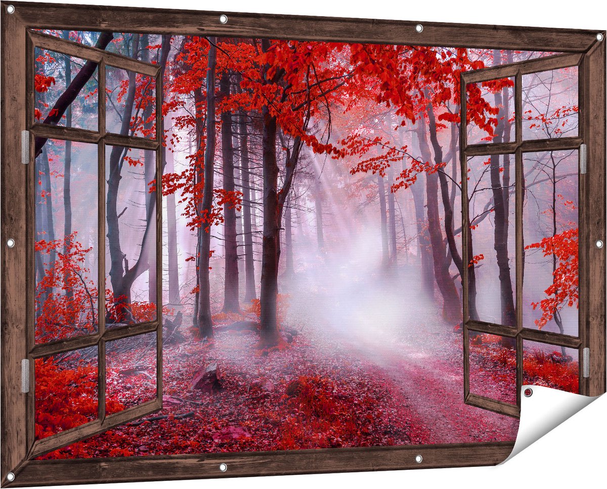 Gards Tuinposter Doorkijk Rood Bos met Bomen - 150x100 cm - Tuindoek - Tuindecoratie - Wanddecoratie buiten - Tuinschilderij Donker bruin