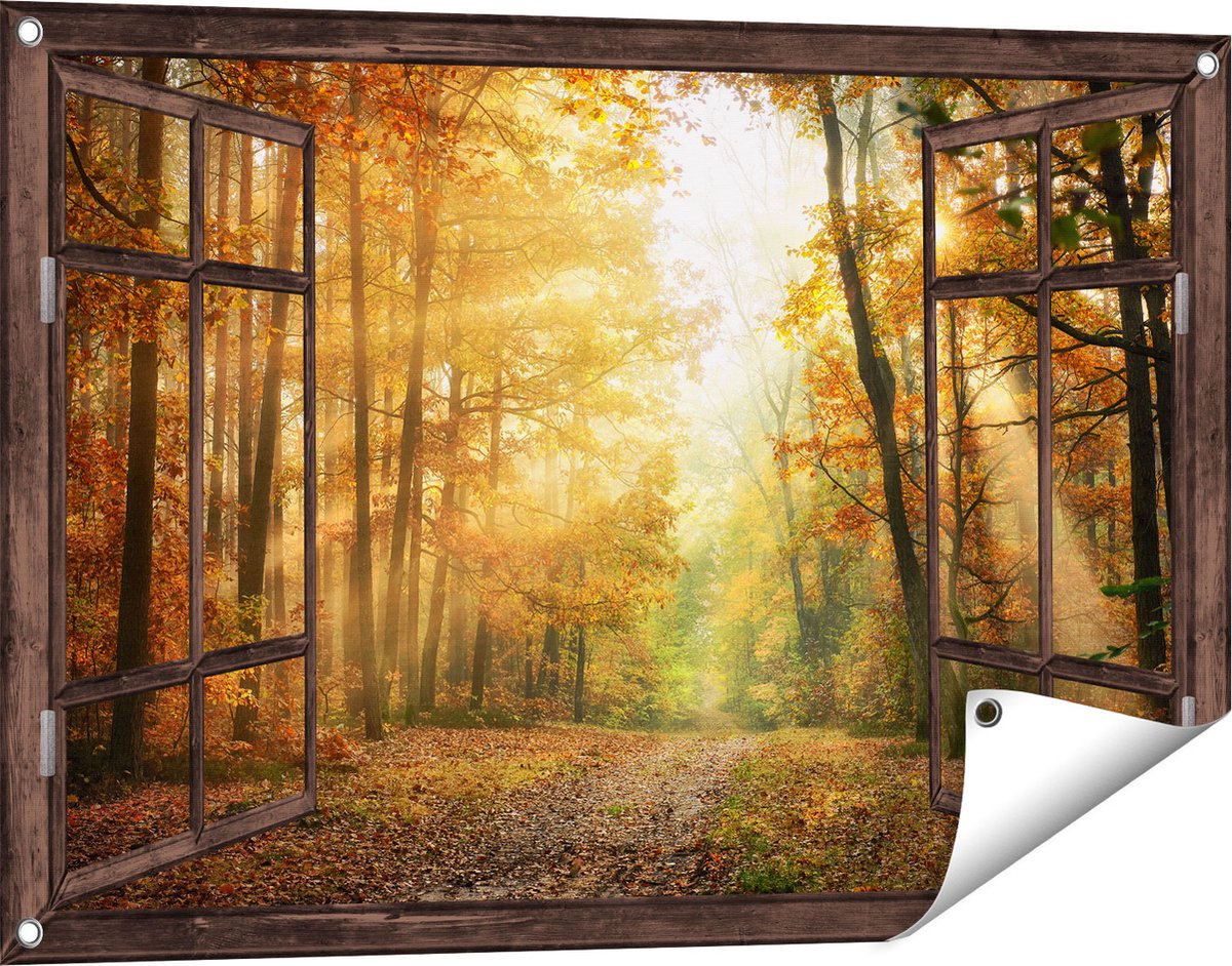 Gards Tuinposter Doorkijk Herfstbos met Zonneschijn - 90x60 cm - Tuindoek - Tuindecoratie - Wanddecoratie buiten - Tuinschilderij donker bruin