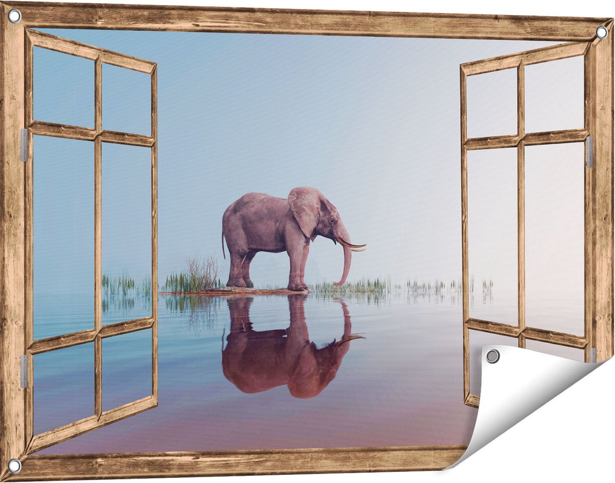Gards Tuinposter Doorkijk Olifant bij het Water - 90x60 cm - Tuindoek - Tuindecoratie - Wanddecoratie buiten - Tuinschilderij Licht bruin