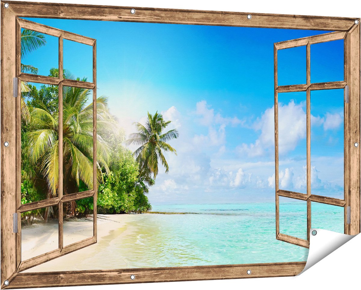 Gards Tuinposter Doorkijk Tropisch Strand bij de Licht Blauwe Zee - 150x100 cm - Tuindoek - Tuindecoratie - Wanddecoratie buiten - Tuinschilderij Licht bruin