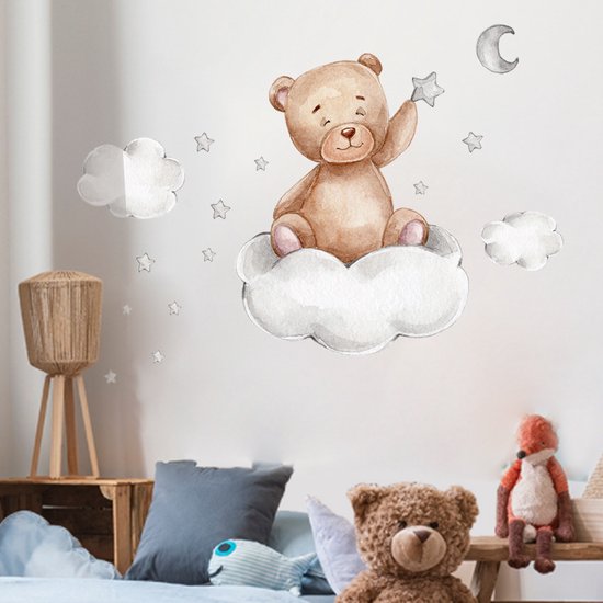 ® Stickerkamer - Muursticker - Ours sur nuage - Etoiles - Décoration murale - Chambre d'enfant - Fille - Garçon