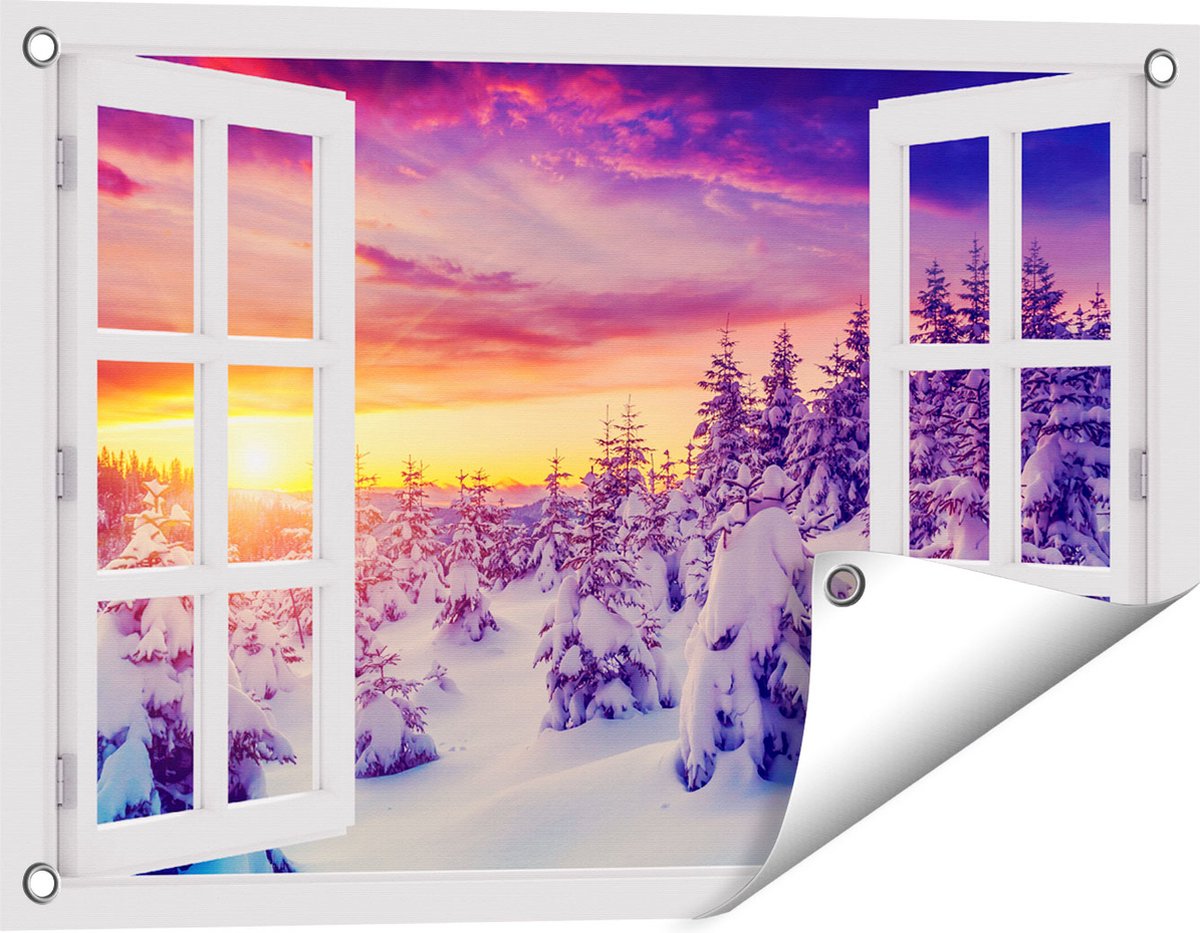 Gards Tuinposter Doorkijk Zonsondergang in het Sneeuw Bos - 60x40 cm - Tuindoek - Tuindecoratie - Wanddecoratie buiten - Tuinschilderij Wit