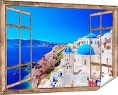 Gards Tuinposter Doorkijk Blauwe Huizen met Koepels in Griekenland - 150x100 cm - Tuindoek - Tuindecoratie - Wanddecoratie buiten - Tuinschilderij