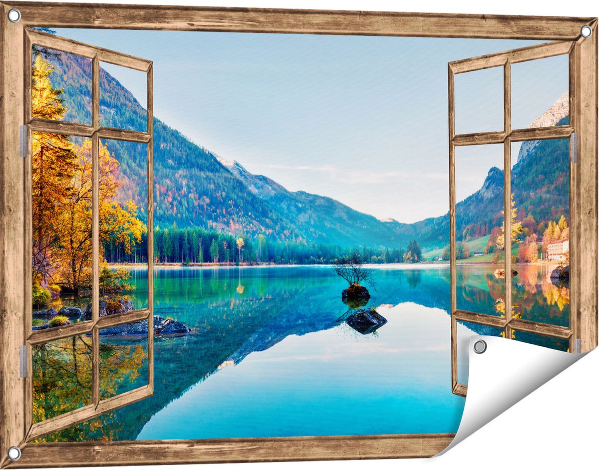 Gards Tuinposter Doorkijk Meer met Herfstbomen - 90x60 cm - Tuindoek - Tuindecoratie - Wanddecoratie buiten - Tuinschilderij licht bruin