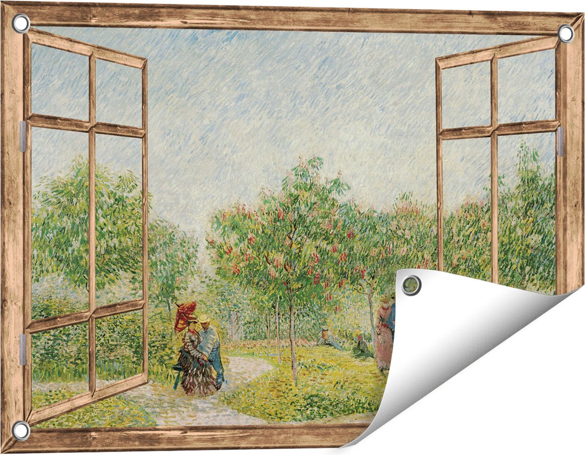 Gards Tuinposter Doorkijk Tuin met Geliefden - Vincent van Gogh - 60x40 cm - Tuindoek - Tuindecoratie - Wanddecoratie buiten - Tuinschilderij Licht bruin