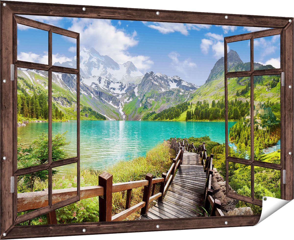 Gards Tuinposter Doorkijk Pad naar een Helder Blauw Meer in de Bergen - 180x120 cm - Tuindoek - Tuindecoratie - Wanddecoratie buiten - Tuinschilderij Multikleur