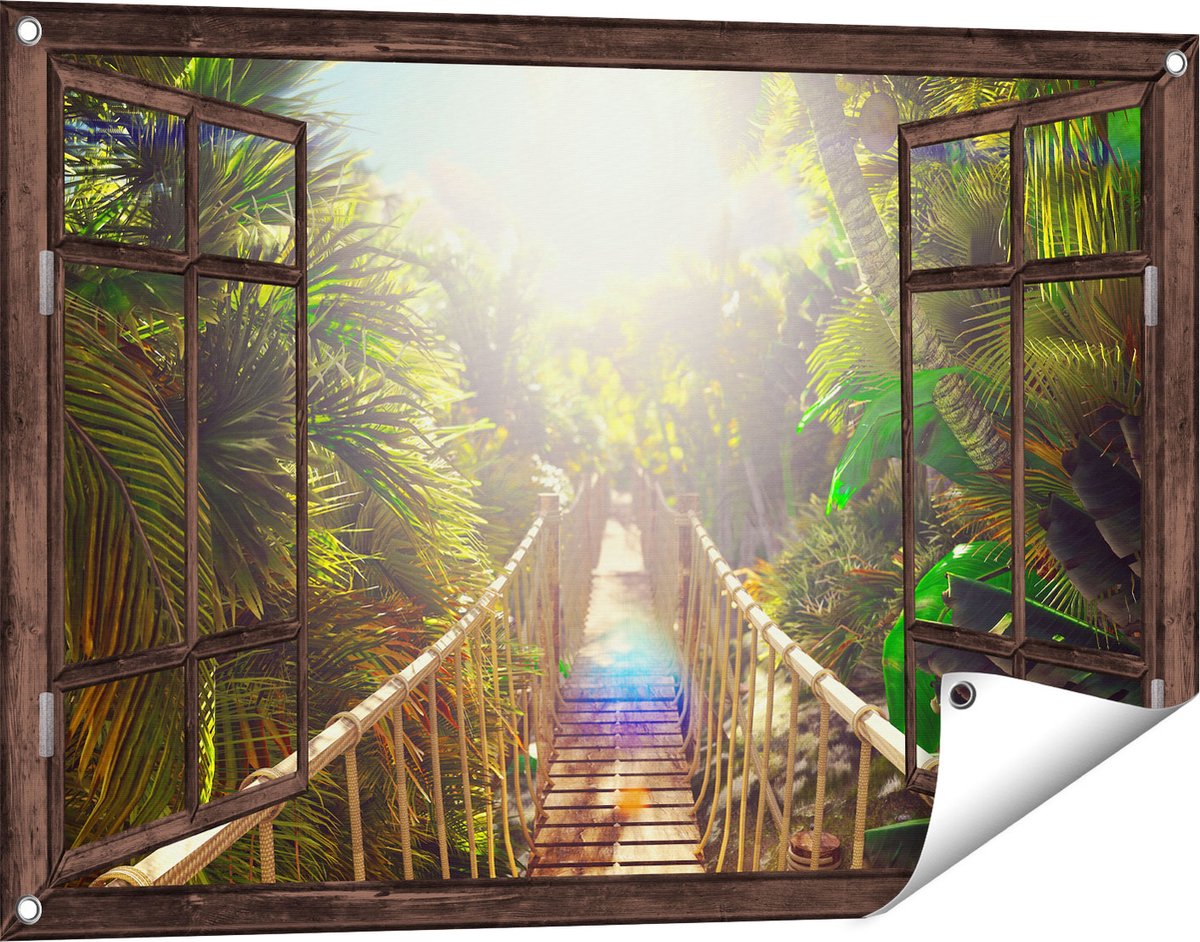 Gards Tuinposter Doorkijk Houten Brug in de Tropische Jungle - 90x60 cm - Tuindoek - Tuindecoratie - Wanddecoratie buiten - Tuinschilderij donker bruin