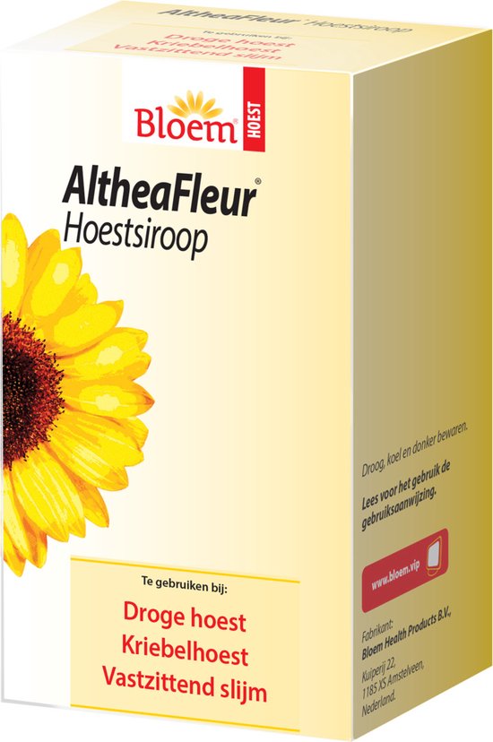 Doosje AltheaFleur Hoestsiroop met zonnebloem. Informatie: "Droog, koel en donker bewaren", website "www.bloem.vip" en fabrikant.