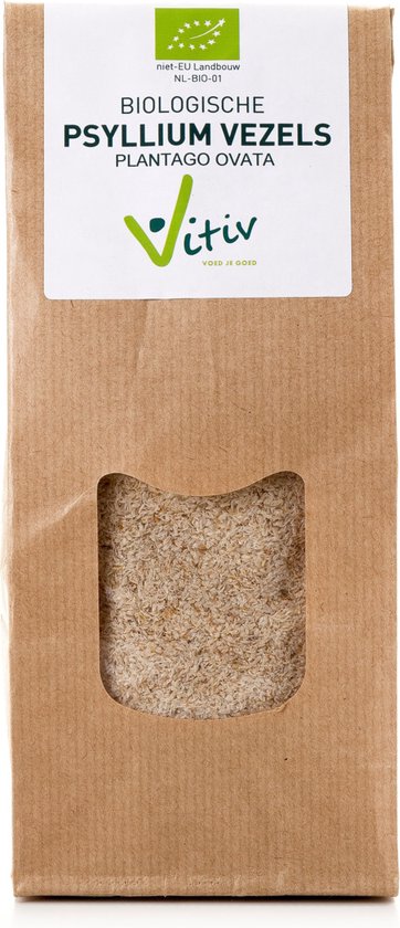 Bruin papieren zakje met biologische psyllium vezels. Transparant venster toont de vezels.