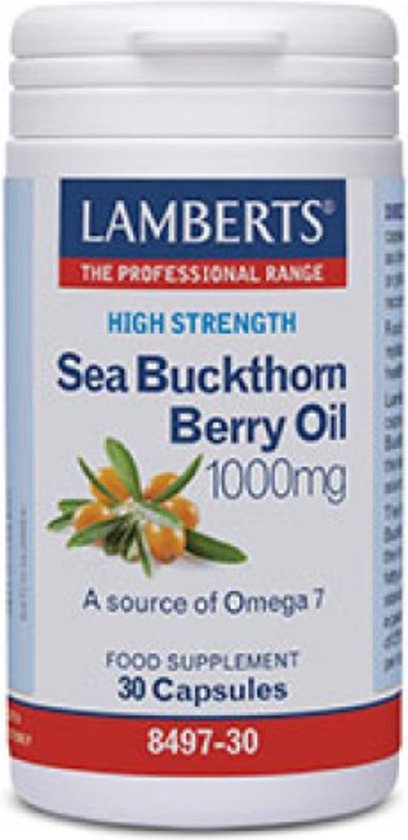 Witte pot met Lamberts Sea Buckthorn Berry Oil 1000mg, 30 capsules, met afbeelding van duindoornbessen.