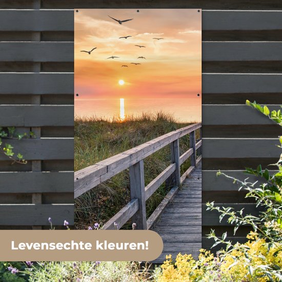 Affiche clôture Coucher de soleil - Mer - Chemin - Herbe - Dune - Vogels - 100x200 cm - Toile jardin