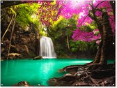 Tuinposter waterval - Bomen - Bladeren - Roze - Natuur - Tuinschilderij voor buiten - Tuindecoratie - Schutting decoratie - 160x120 cm - Tuin - Tuindoek - Schuttingdoek - Tuinposters