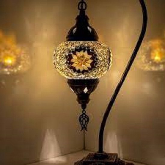 Mozaïek Lamp - Oosterse Lamp - Turkse Lamp - Tafellamp - Marokkaanse Lamp - Boogmodel - Ø 15 cm - Hoogte 42 cm - Handgemaakt - Authentiek - Geel