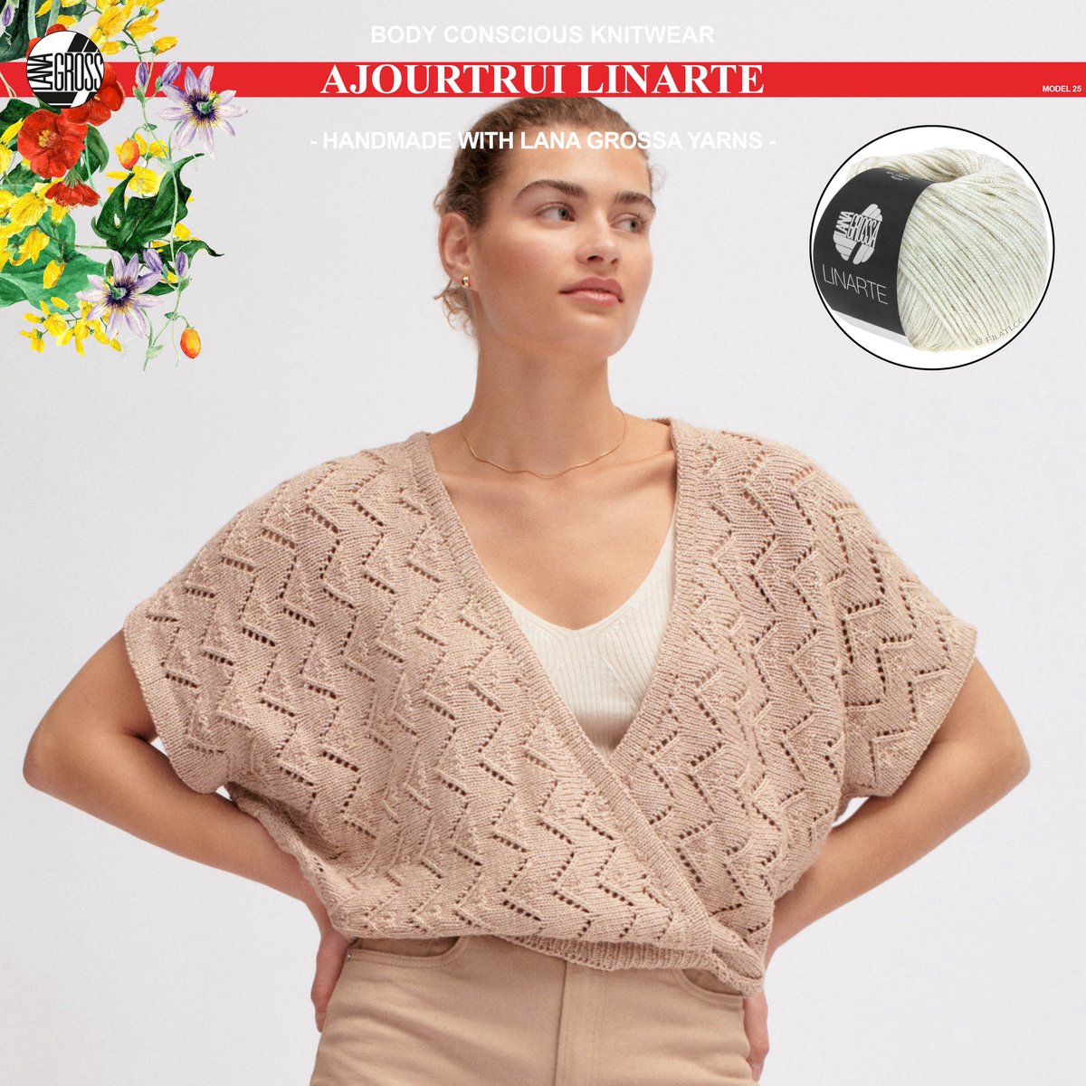 Breipakket ajourtrui mt. 44 met Linarte-garen model 25 van Lana Grossa Classici nr. 24-kleur wit