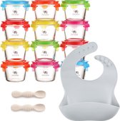 Jacote - Set van 12 voorraadpotten voor babyvoeding - Glas - Silicone deksels (Set van 12) Inclusief Twee Lepels & Baby Slabbetje