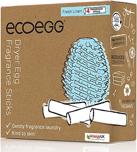 EcoEgg Dryer Egg Navulling - Fris linnen (blauw) - Wasdroger - Hervulbaar - 4 Geurstokjes - Minimaal 80 Droogbeurten