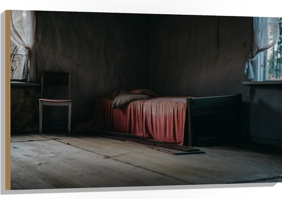 Hout - Bed met Rood Dekbedovertrek in Houten Kamer - 105x70 cm - 9 mm dik - Foto op Hout (Met Ophangsysteem)