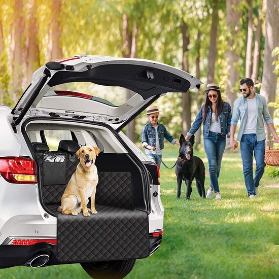 Een gezin met twee honden wandelt in een park, met een witte SUV met een open kofferbak.