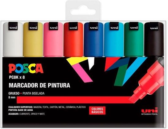 UNI Posca Set PC 8K Basic, verpakking met 8 viltstiften
