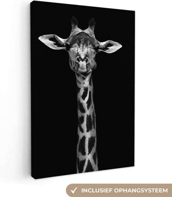 Canvas - Giraffe - Dieren - Portret - Zwart - Canvas schilderij - Schilderij dieren - 20x30 cm