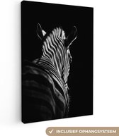 Canvas schilderij - Zebra - Dieren - Portret - Zwart wit - Canvas doek - Foto op canvas - Kamer decoratie - 80x120 cm - Woonkamer - Schilderijen op canvas