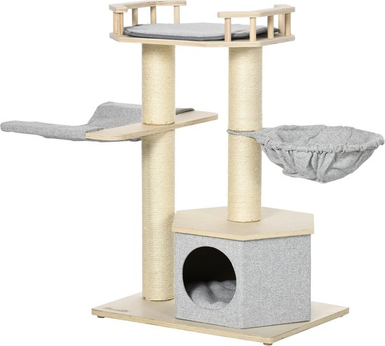PawHut krabpaal met kattenmand, speelballen, krabplank, multi-level, spaanplaat en pluche, 40 x 34 x 91 cm, bruin
