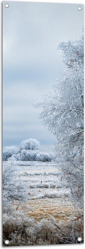 WallClassics - Tuinposter – Ondergesneeuwd Weiland - 40x120 cm Foto op Tuinposter (wanddecoratie voor buiten en binnen)