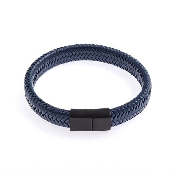 Armband - blauw fijn gevlochten leer - zwart (glimmend) metalen schuifslot met magneet - 22 cm