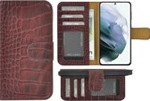 Samsung Galaxy A54 Hoesje - Bookcase - Samsung A54 Hoesje Book Case Wallet Echt Leer Croco Bordeauxrood Cover