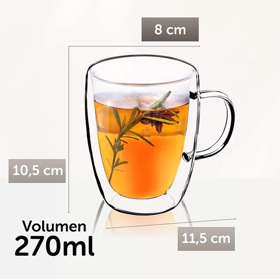 KADAX Dubbelwandige glazen mok, glas met handvat, 270 ml, drinkglas