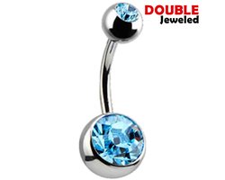 Navelpiercing - Chirurgisch staal - met Aqua zirkonia stenen - Double Jeweled - Licht Blauw