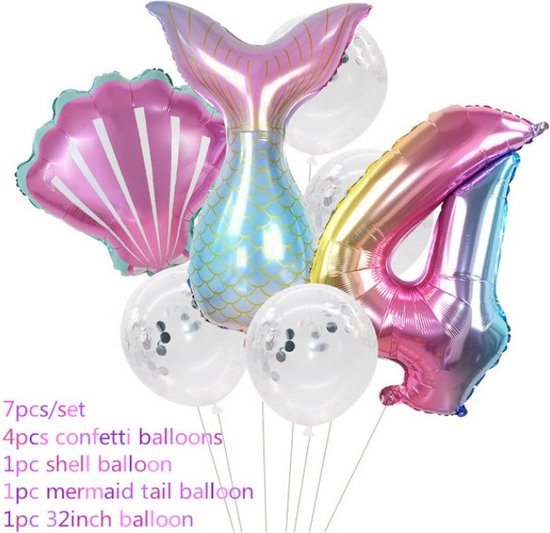 Zeemeermin Ballonnen Set 7 Stuks - Cijfer Ballon Zeemeermin 4 Jaar - Cijfer Ballon Mermaid Vier Jaar - Zeemeerminnen Party - Mermaid Party - Kinderfeestje Zeemeerminnen Thema