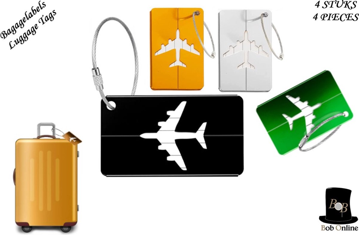 Bob Online ™ - 4 Stuks (4 Kleuren) – Aluminium Bagagelabels – Kofferlabel – Reiskoffer Accessoire – Koffer Naamlabel – Reis Koffer Adreslabels – 4 Pcs – Luggage Tags – Aluminium Suitcase Labels for Travel with SS Loops – Reis Koffer Accessoire