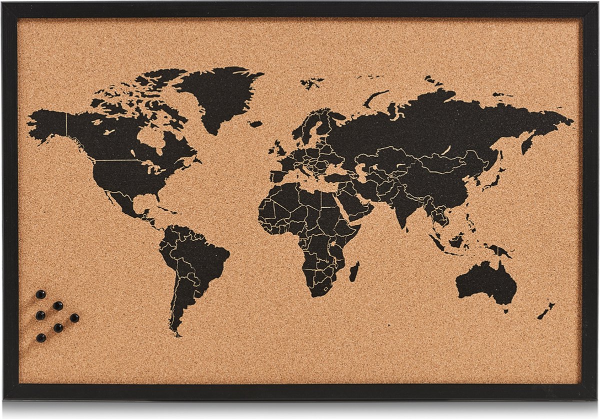 Zeller prikbord wereldkaart - zwart - 60 x 40 cm - kurk/hout - Zeller