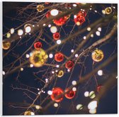 PVC Schuimplaat- Lampjes en Kerstballen in de Boom - 50x50 cm Foto op PVC Schuimplaat