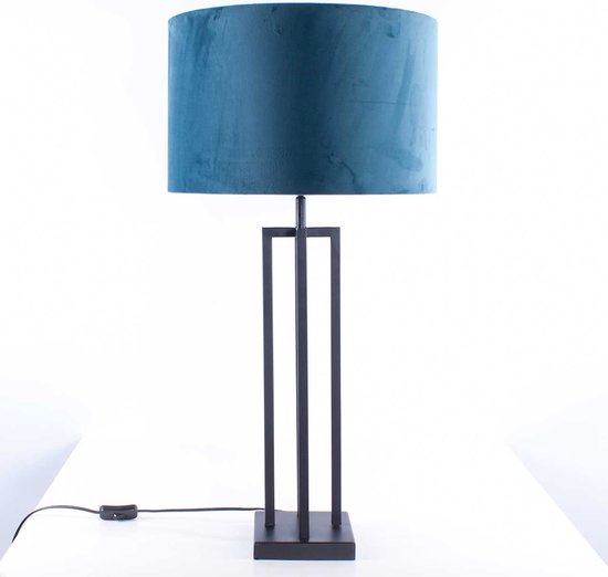 Tafellamp vierkant met velours kap Roma | 1 lichts | blauw / zwart | metaal / stof | Ø 40 cm | 79 cm hoog | tafellamp | modern / sfeervol / klassiek design