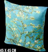 Allernieuwste.nl® Kussen Amandelbloesem Vincent Van Gogh - Kussenhoes polyester peach skin Perzikhuid - Kussenovertrek - Kleur Blauw 45 x 45 cm