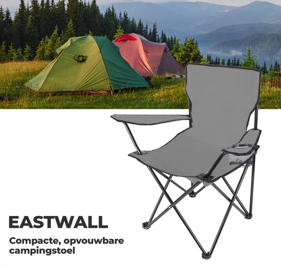 EASTWALL campingstoel – Opvouwbare kampeerstoel – Vouwstoel – Strandstoel – Tuinstoel – Camping – Visstoel – Belastbaar tot 100 kg – Grijs