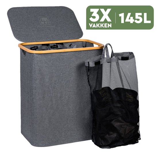Wassorteerder - Wasmand - Met uitneembare waszakken - Wasmand 3 vakken - 145L - Opvouwbaar - Wasmand met deksel - Laundry basket