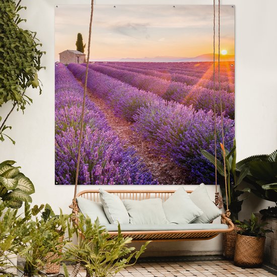 Affiche de jardin lavande - Coucher de soleil - Fleurs - Violet - Toile de jardin - Toile de clôture - Peinture jardin extérieur - Décoration clôture - 200x200 cm - Décoration de jardin - Jardin - Poster extérieur