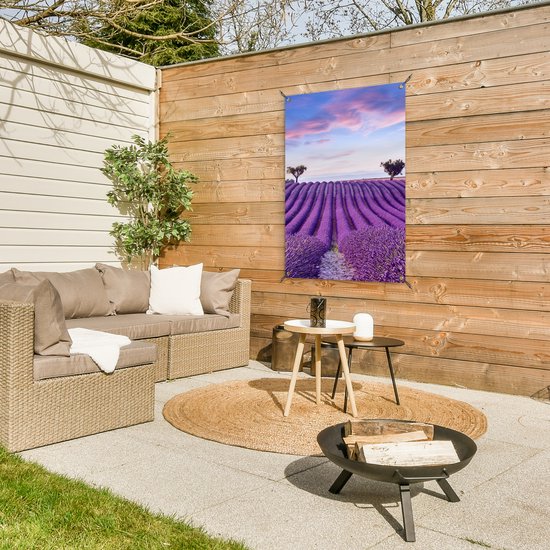 Gards Tuinposter Paarse Boom in het Paars Veld met Vogels - 160x120 cm