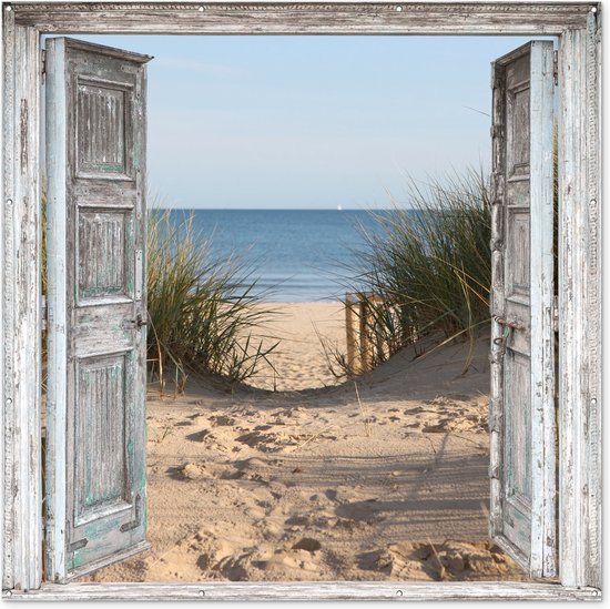 Tuinposter - Doorkijk - Duinen - Strand - Gras - Planten - Zee - 200x200 cm - Schuttingdoek - Tuinschilderij - Tuindoek - Buitenposter