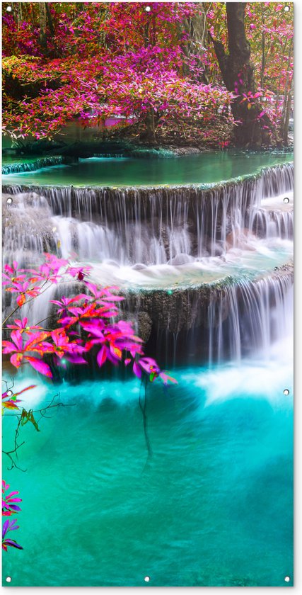 Schuttingposter Waterval - Zon - Bomen - Regenboog - Natuur - 100x200 cm - Tuindoek