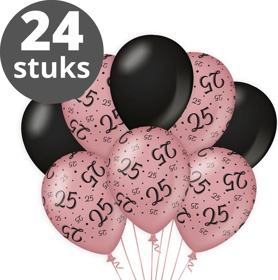 Verjaardag Versiering Pakket 25 jaar (24 stuks) Zwart en Roze - Ballonnen Roze & Zwart - Ballonnen Rose Goud / Black 25 jarige - Verjaardag 25 Birthday Meisje / Vrouw / Dames - Ballonnen verjaardag - Birthday Party Decoratie (25 Jaar)